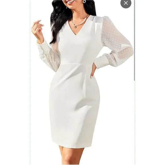 Zaful Dresses | New Cream Mesh Sleeve Pencil Dress Swiss Dot Contrast L | Color: Cream | Size: L | Mackooniebug's Closet